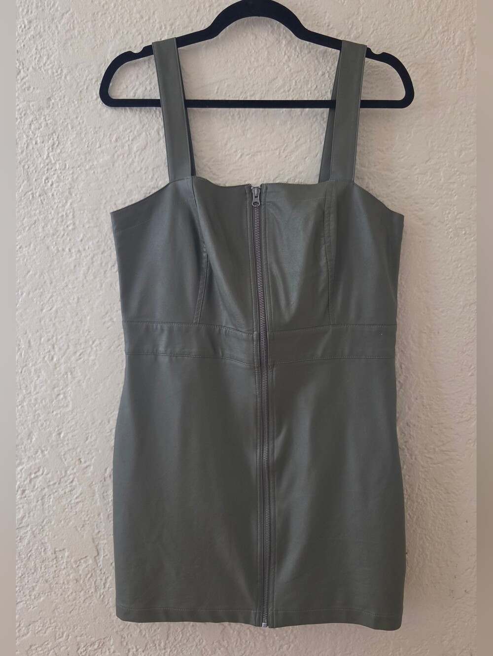 Women's Faux Leather Zip-Front Mini Dress - Olive